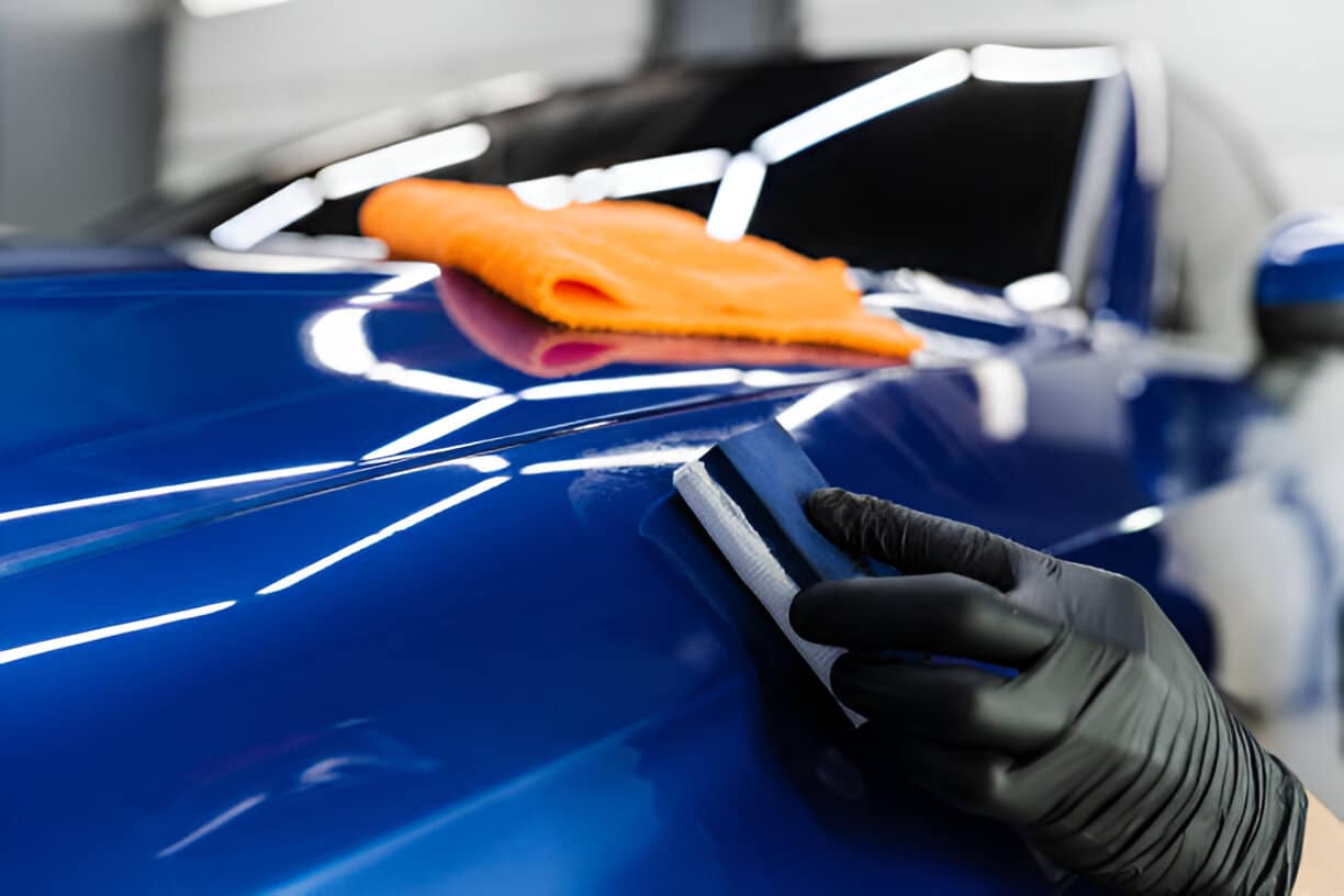 Close-up of a gloved hand applying ceramic coating to a blue car surface with an orange microfiber cloth.